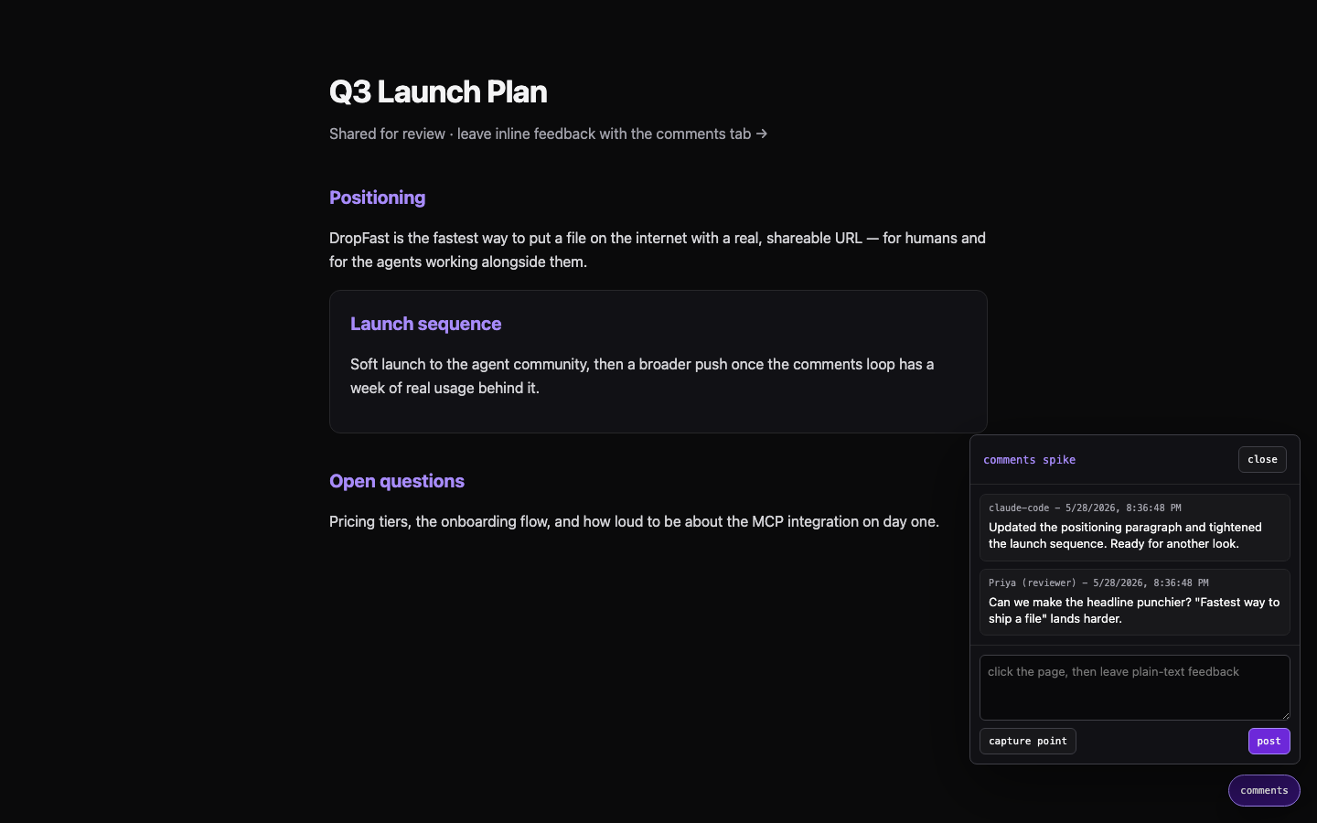 A shared site with the comments overlay open, showing a reviewer and an agent comment
