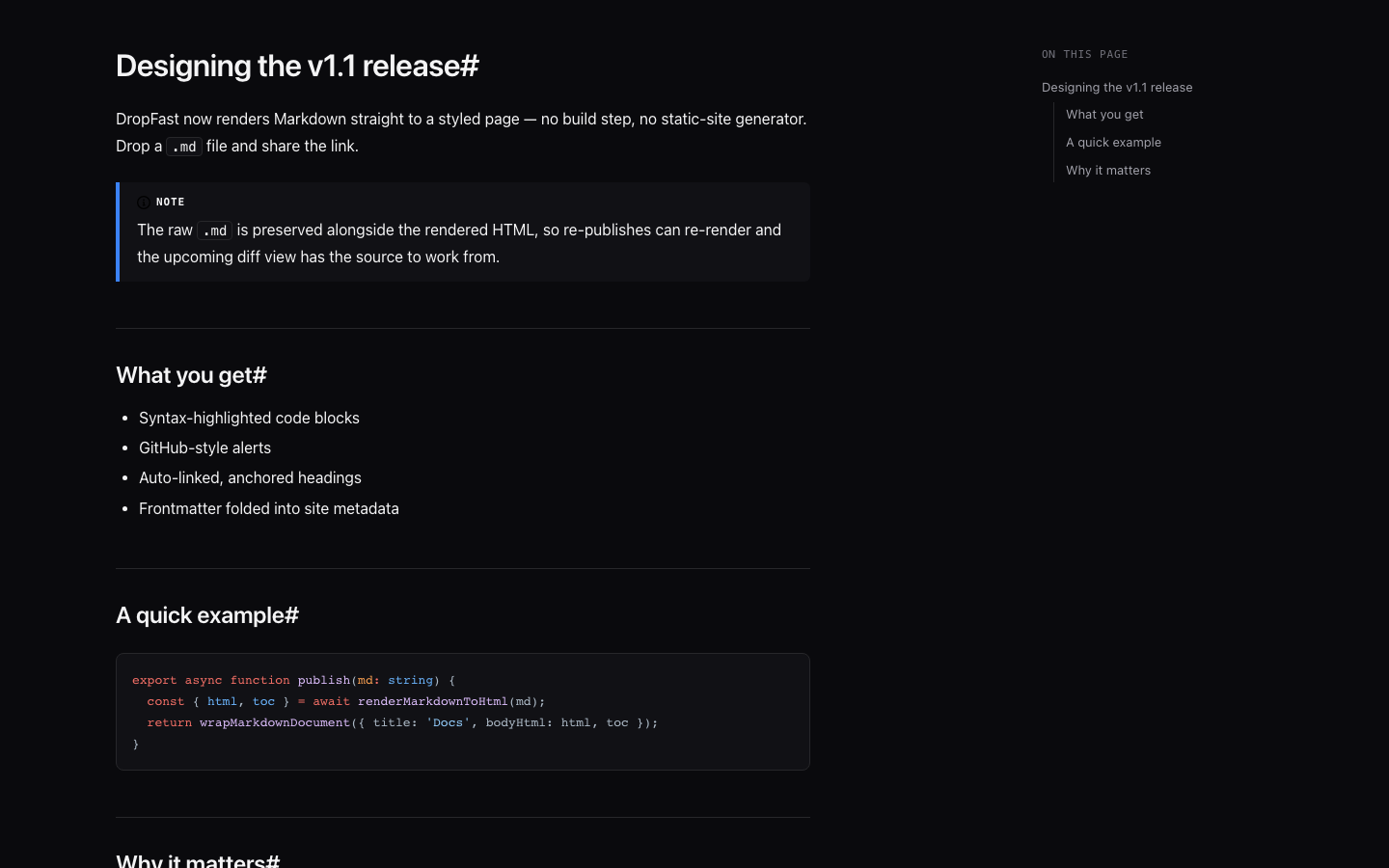 A Markdown file rendered to a styled page with a table of contents and a highlighted code block