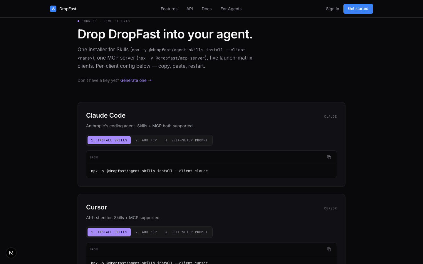The /connect page with a self-setup prompt per client