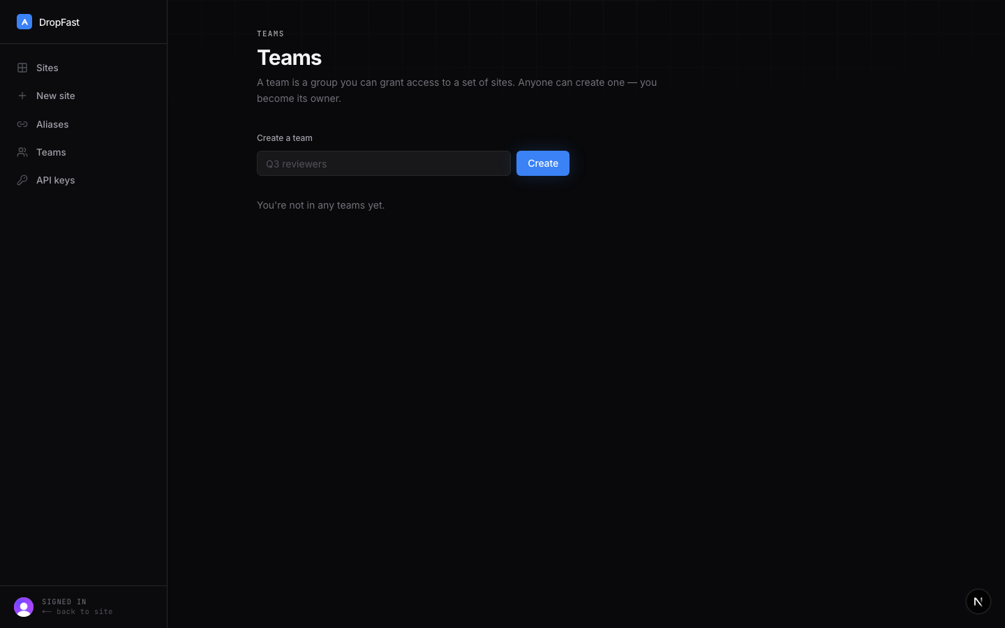 Teams management in the DropFast dashboard