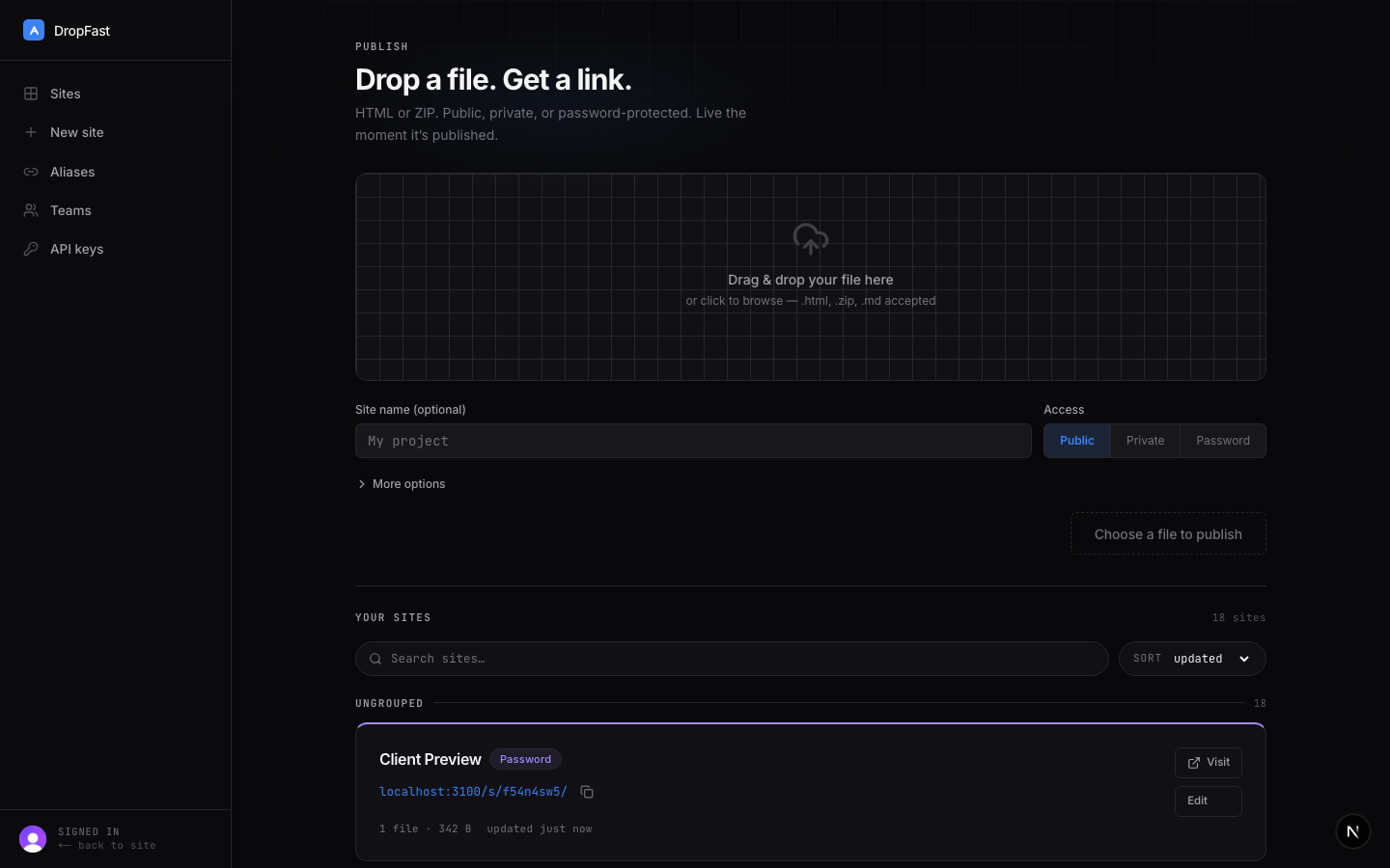 The dashboard site list with a search box and sort control above a grouped list of sites