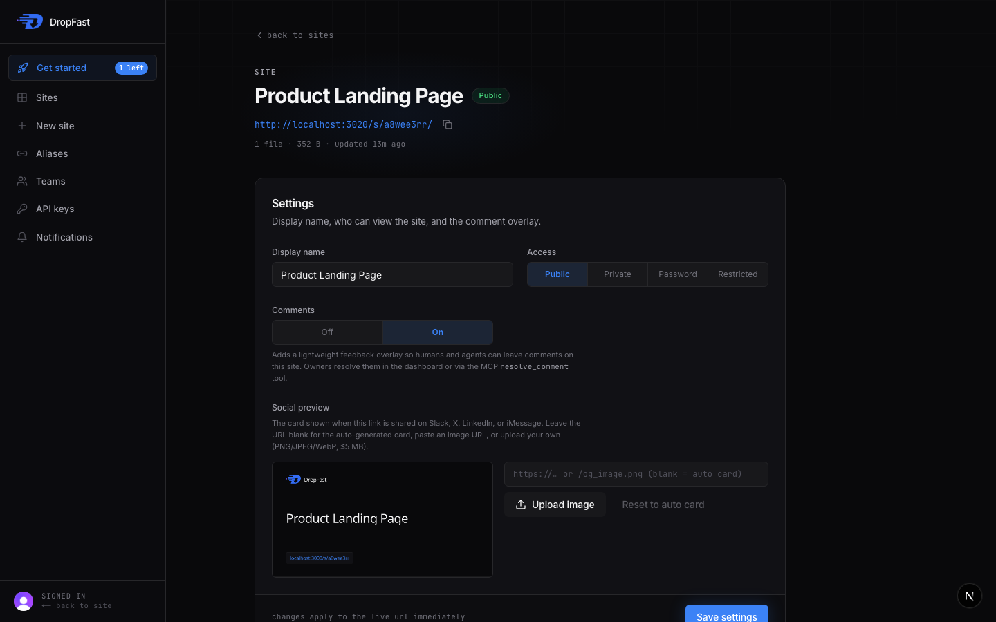 The dashboard Social preview block showing a site's live branded card alongside the URL, upload, and reset-to-auto controls