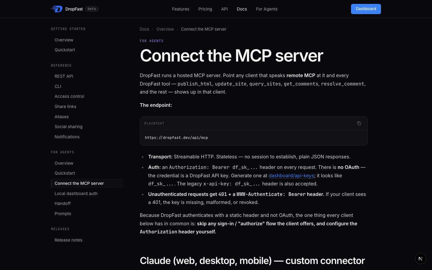 The Connect the MCP server docs page showing the https://dropfast.dev/api/mcp endpoint, transport and auth details, and the start of the Claude custom connector section