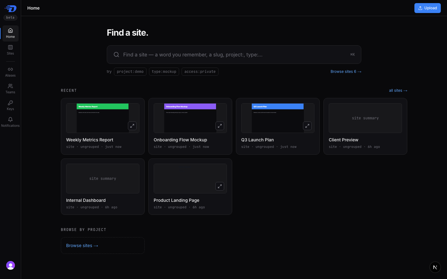 The dashboard Home: a 'Find a site.' search box with project:, type:, and access: filter hints, above a grid of recent sites with laptop-size page previews