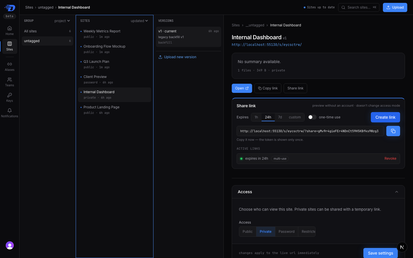 The dashboard Columns view of a private site with the Share link panel open: expiry presets, a one-time toggle, a freshly minted ?share= URL, and one active multi-use link with a Revoke action